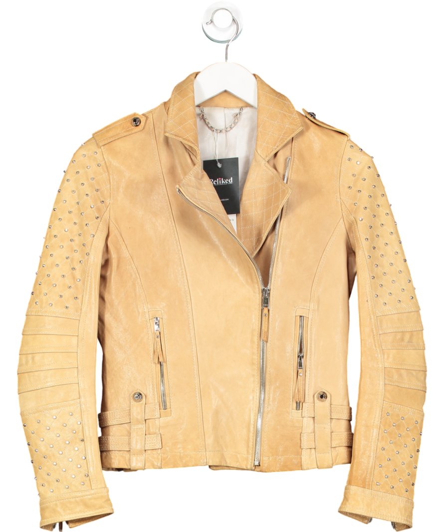 Royal Sunday Beige Camel Leather Jacket Silver Studded Arms UK 8
