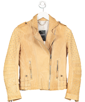 Royal Sunday Beige Camel Leather Jacket Silver Studded Arms UK 8