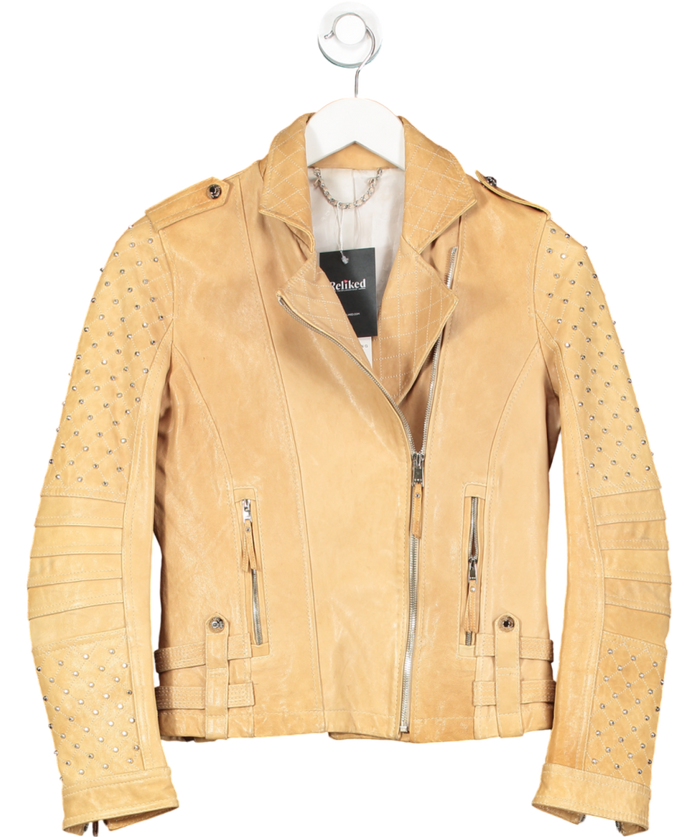 Royal Sunday Beige Camel Leather Jacket Silver Studded Arms UK 8