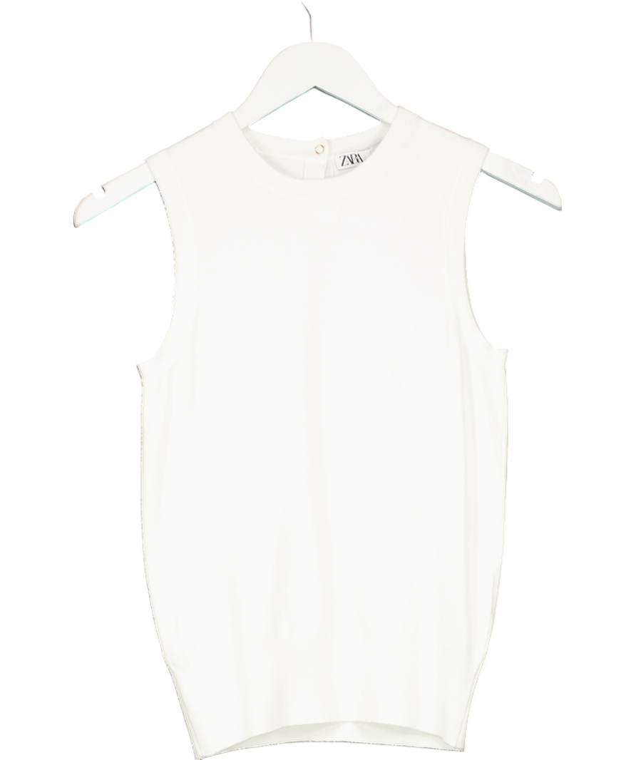 ZARA White Sleeveless Knit Button Back Top UK S