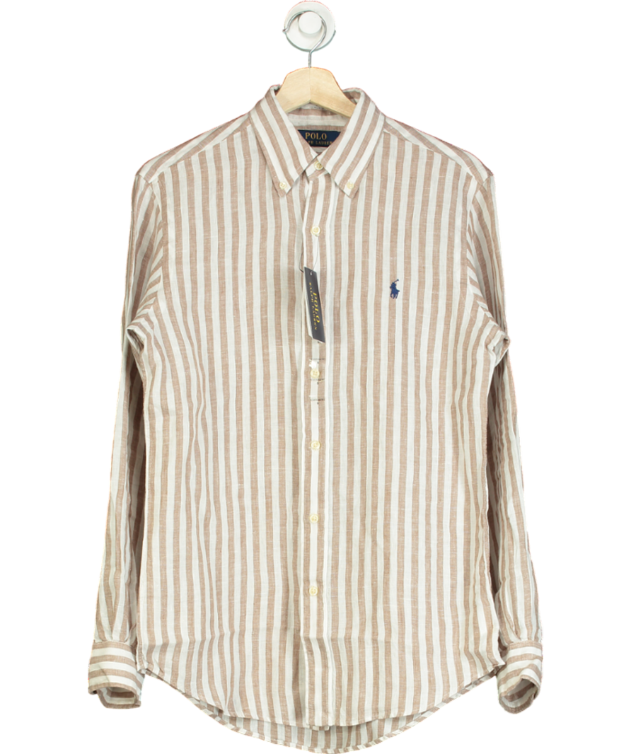 Polo Ralph Lauren Beige/Ivory 100% Linen Logo Embroidered Striped Shirt UK S