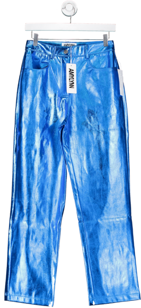 Amy Lynn London Blue Metallic Straight Leg Mid Rise Faux Leather Trousers BNWT  UK S