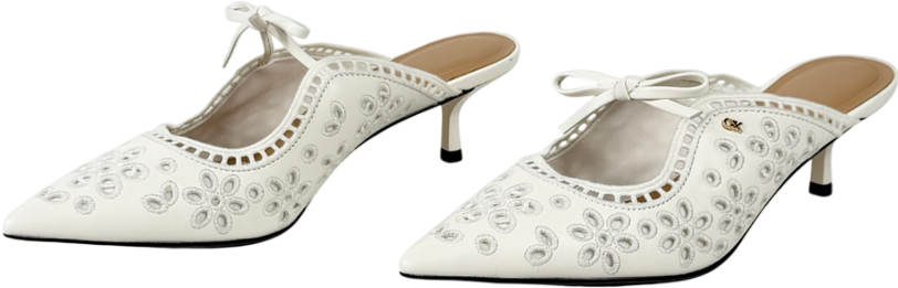 Charles & Keith White Leather Embroidered Heeled Mules UK 4 EU 37