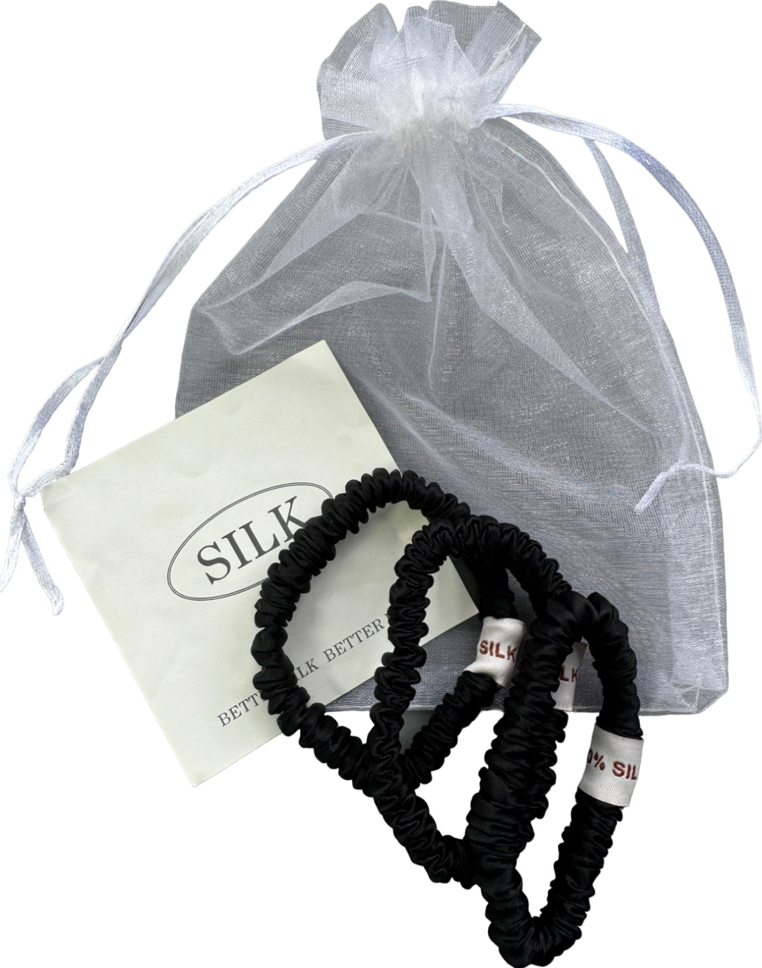 SILK. Black Set Of 3 100% Mulberry Silk Scrunchies In Tulle Gift Bag