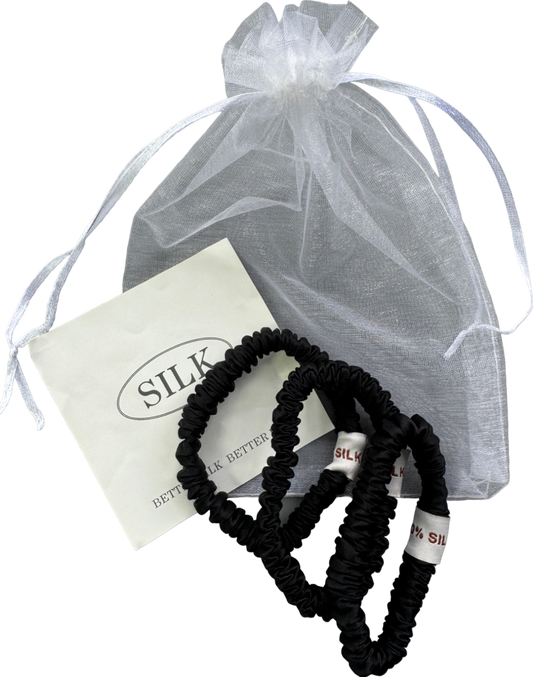 SILK. Black Set Of 3 100% Mulberry Silk Scrunchies In Tulle Gift Bag