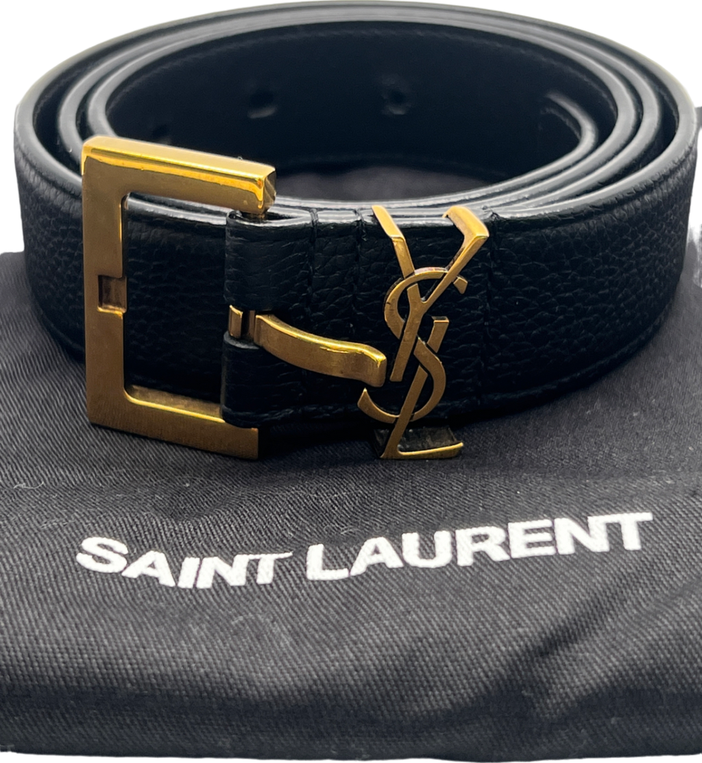 YSL Black Cassandre Belt With Square Buckle In Grained Leather UK S