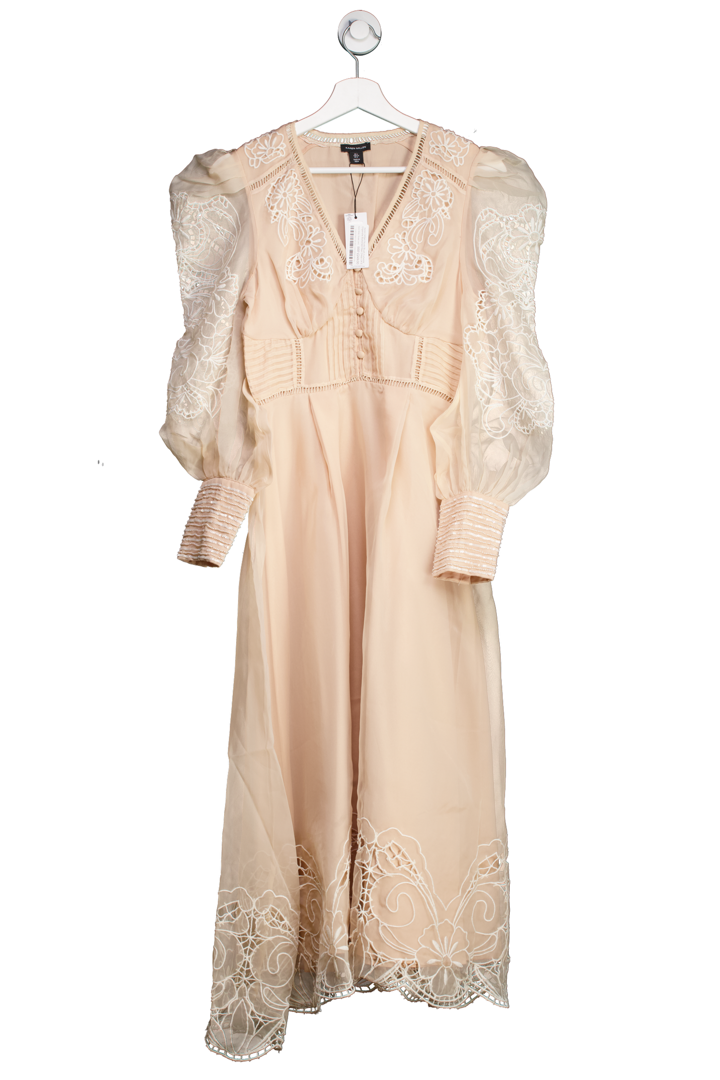 Karen Millen Nude Blush Cutwork Organdie Buttoned Maxi Dress UK 6