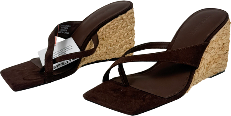 Topshop Brown Naomi Raffia Wedge Toe Thong Mule Sandal In Chocolate Faux Suede UK 6 EU 39