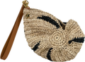 Aranaz Cream Concha Shell Raffia Draw Clutch with Wrist Strap