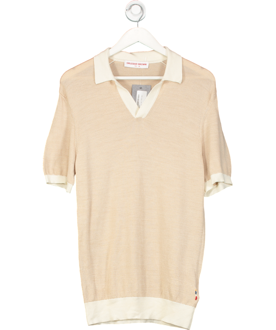 Orlebar Brown Horton Tailored Fit Contrast Texture Merino Polo Shirt In White Sand/biscuit Colour UK M