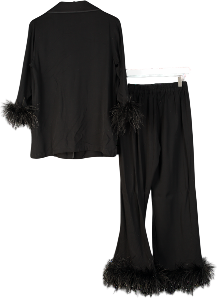 SLEEPER Black Party Feather-trimmed Crepe De Chine Pyjama Set UK XS