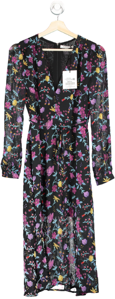 Glamorous Black Watercolour Floral Long Sleeve Wrap Midi Dress Size 8