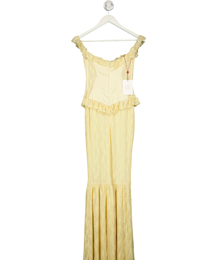 Miss Circle Yellow Ersilia Satin Lace Peplum Corset Off Shoulder Maxi Dress UK XS