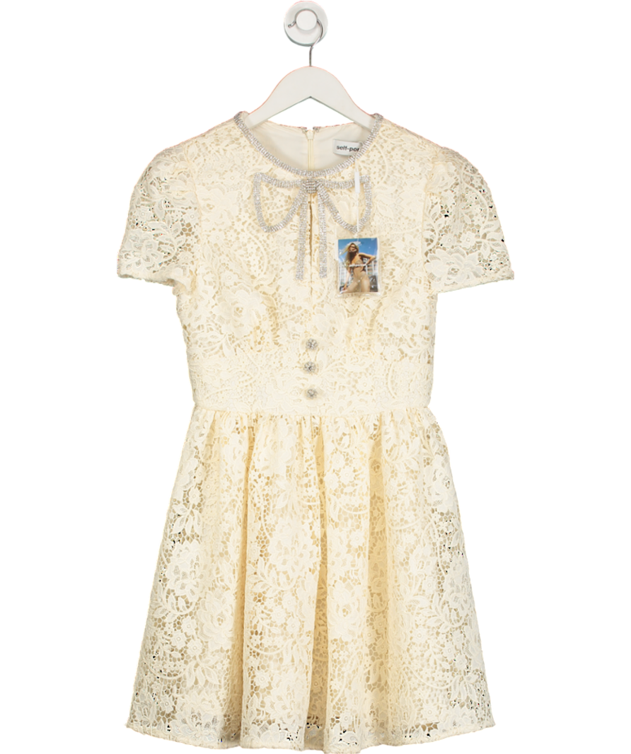 Self-Portrait Cream Cord Lace Bow Detail Mini Dress UK 8