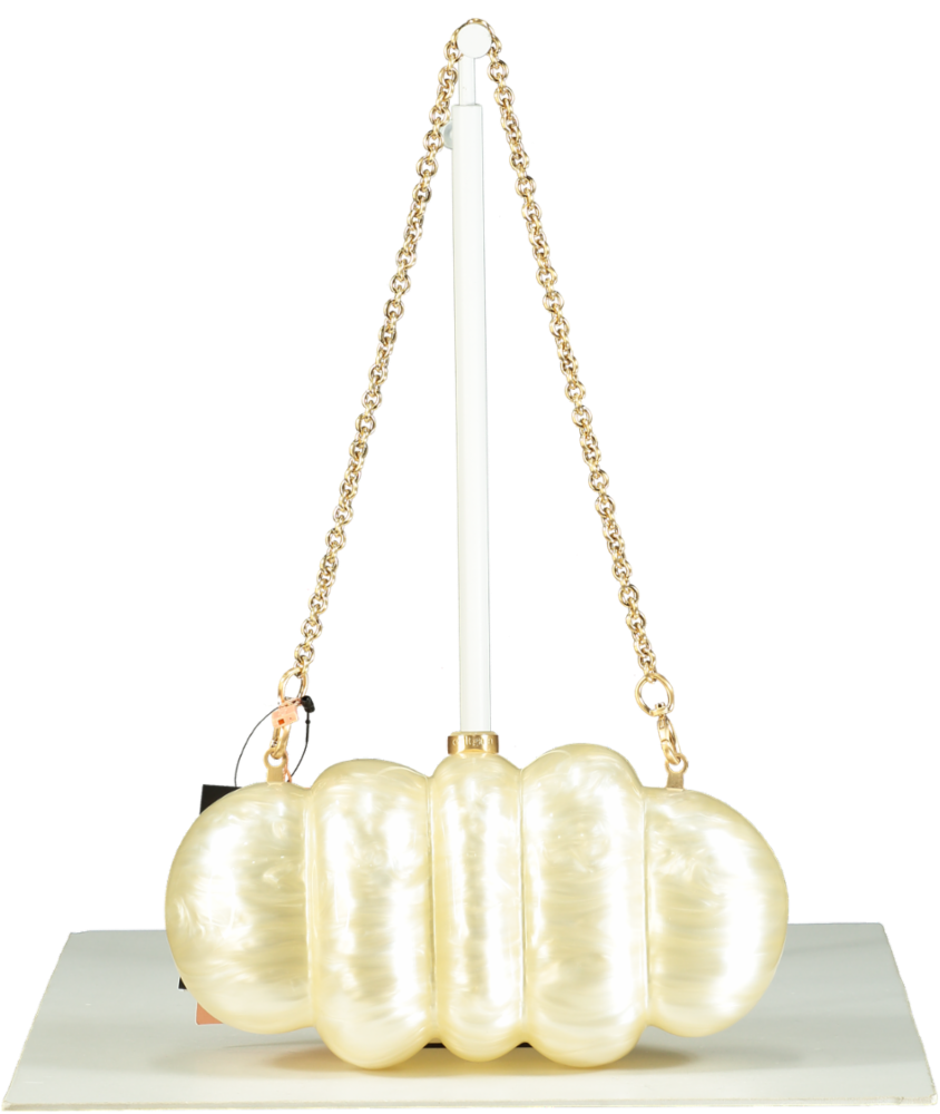 Cult Gaia Ivory Pearlescent Puffer Clutch Bag with chain strap