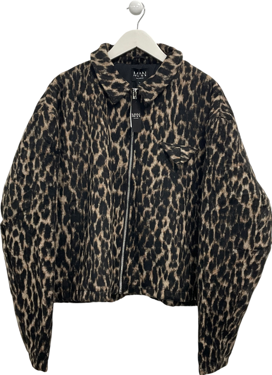 boohooMan Brown Boxy Leopard Harrington Jacket UK XL