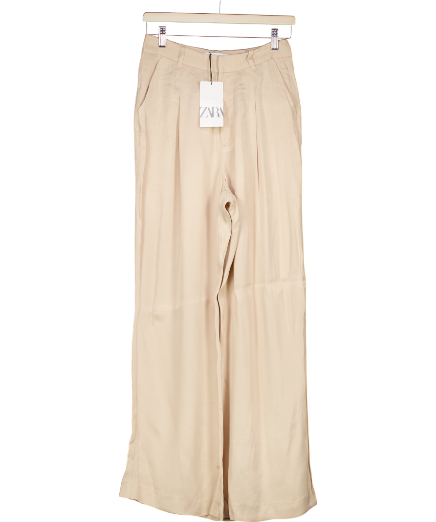 ZARA Beige Satin-feel Pocketed Wide Leg Trouser UK S