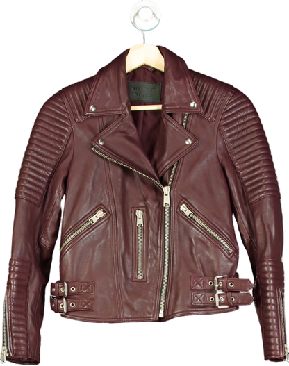 AllSaints Burgundy Leather Estella Biker Jacket UK 6