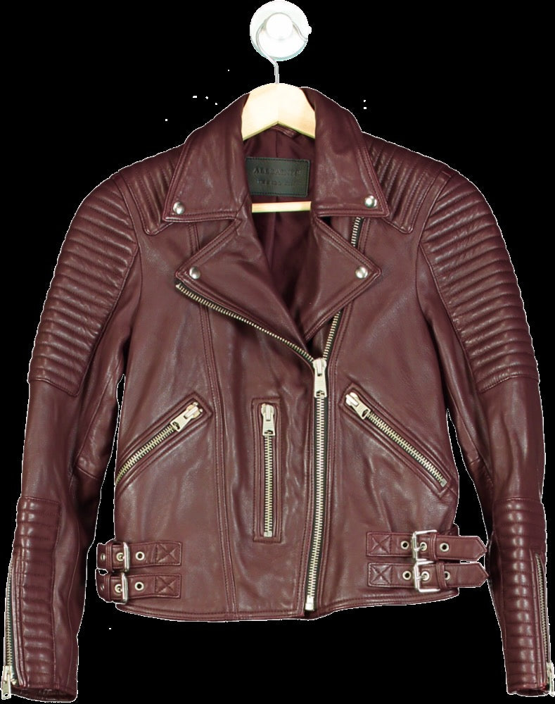 AllSaints Burgundy Leather Estella Biker Jacket UK 6