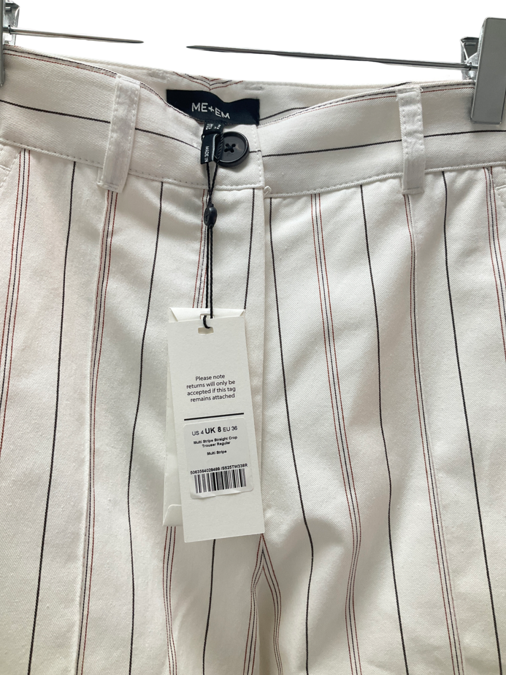 ME+EM White Multi Stripe Straight-leg Crop Trouser UK 8