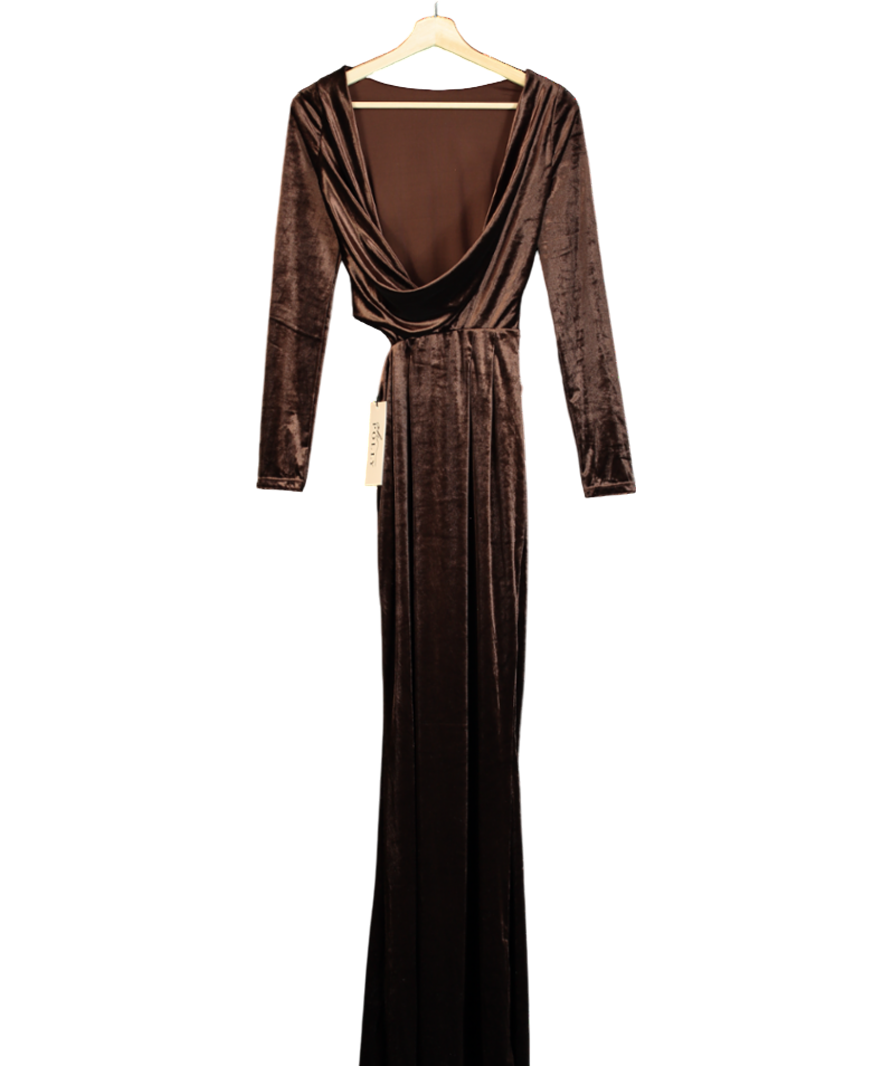 Oh Polly Velvet Long Sleeve Maxi Dress In Chocolate Brown UK 6