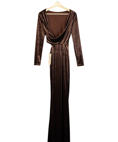 Oh Polly Velvet Long Sleeve Maxi Dress In Chocolate Brown UK 6