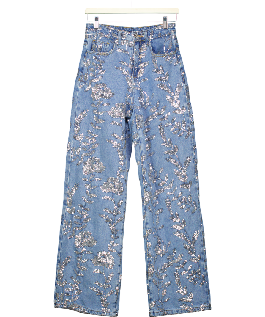 Karen Millen Blue Ivory Denim All Over Floral Sequin Wide Leg Trousers UK 6