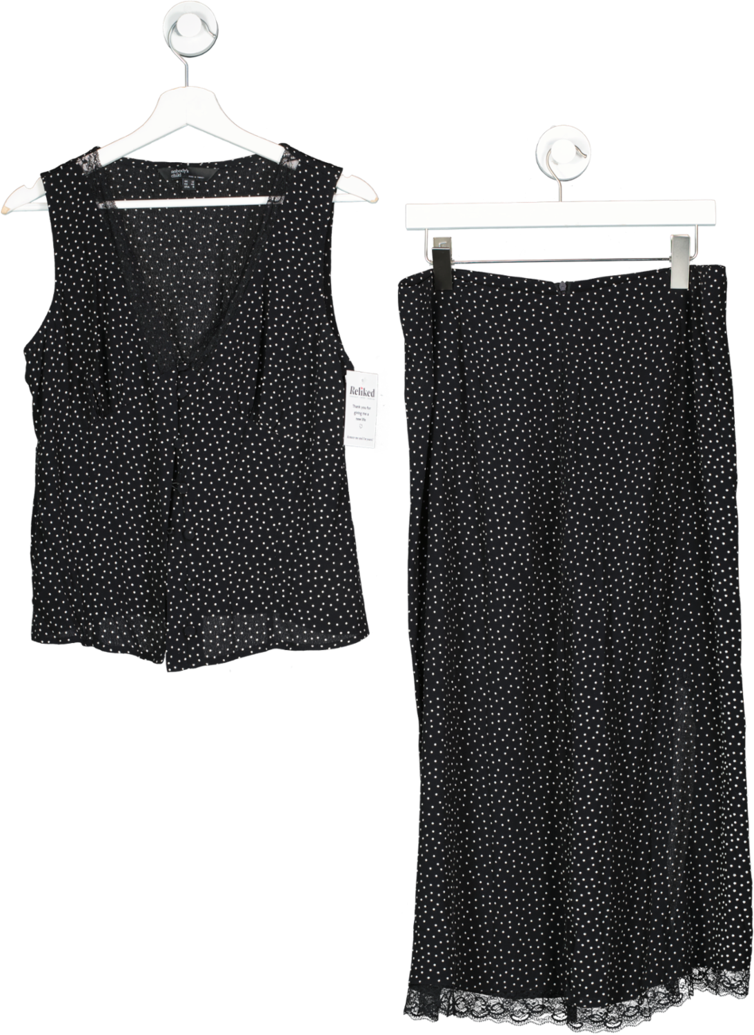 Nobody's Child Black Spot Print Lace Detail Cami Top And Side Slit Midi Skirt, Uk 14 UK 12