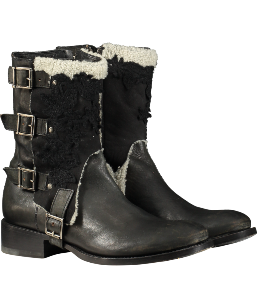 ERMANO SCERVINO Black Distressed Leather And Lace Biker Boots UK 6 EU 39 👠