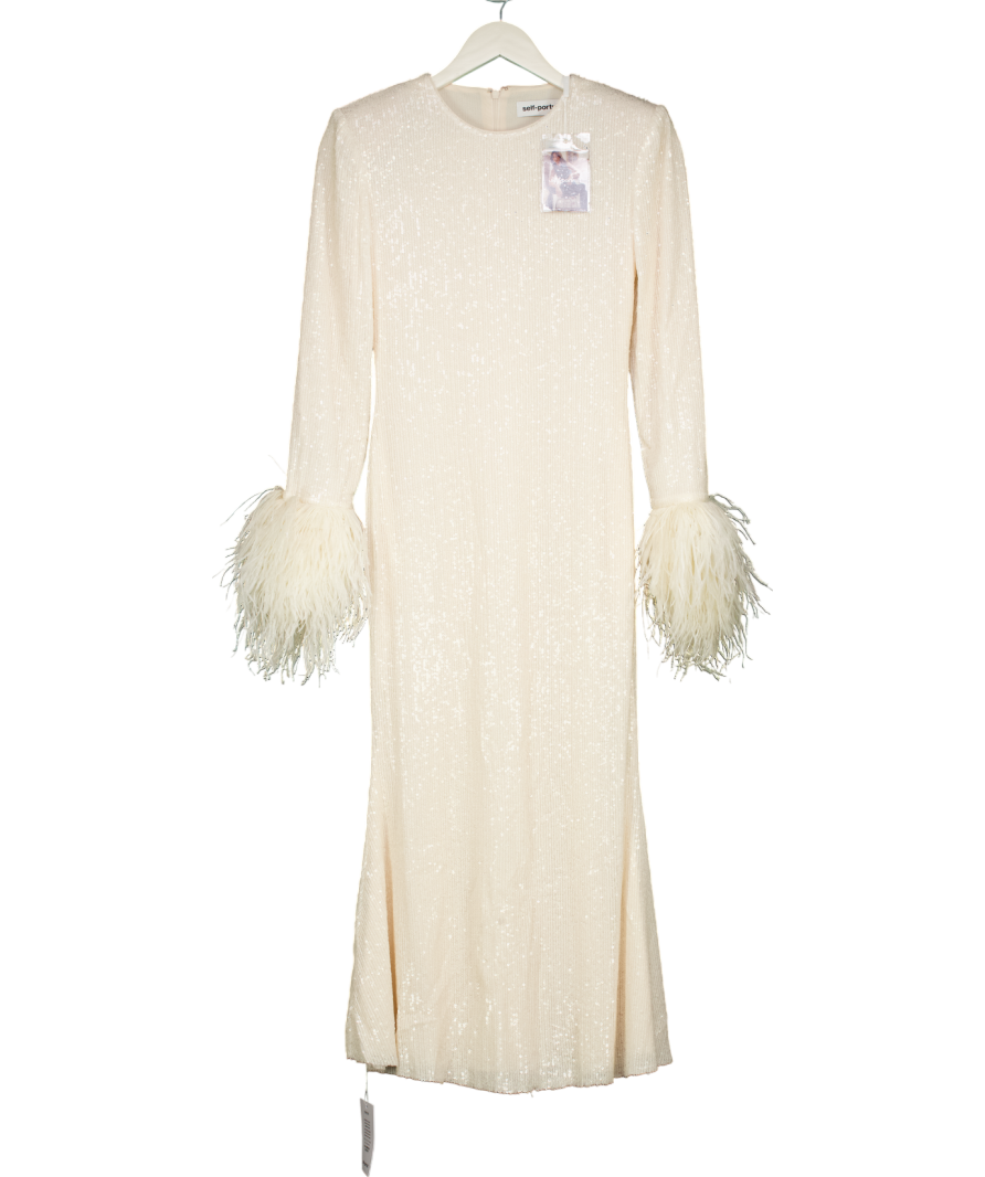 Self-Portrait Cream Sequin Feather Midi Dress UK 8