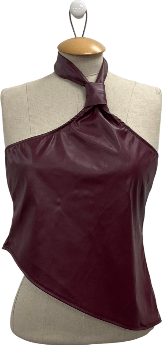 PrettyLittleThing Red Asymmetric Faux Leather Halter Top UK 14