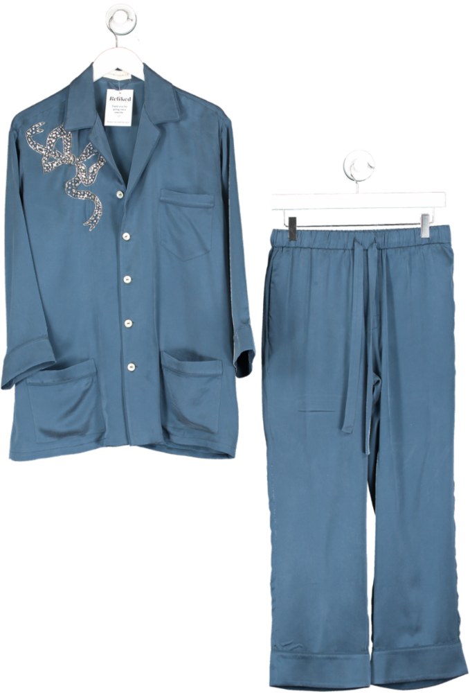 Olivia von Halle Blue Crystal Embellished Fifi Pyjamas In Sandwashed Silk UK S