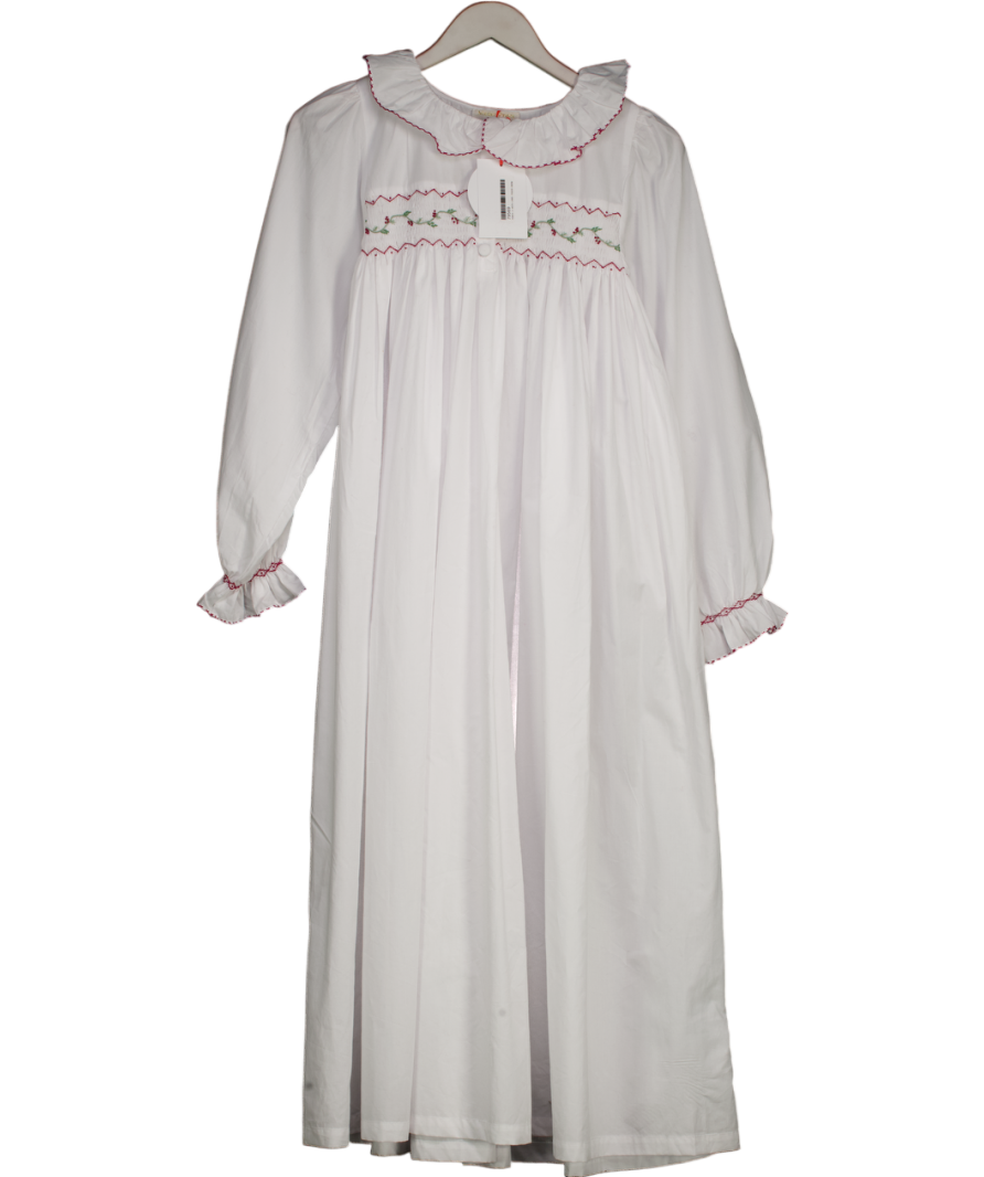 SMOCK LONDON X Memo Press White Cotton Hand Smocked Christmas Holly Dress UK S