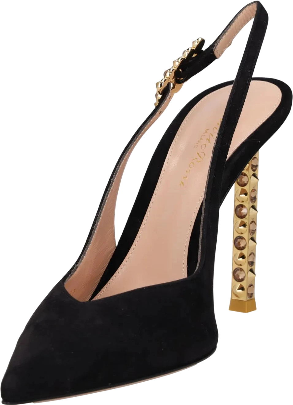 GIANVITO ROSSI Black Suede Leather & Gold Crystal Embellished 110mm Slingback Pumps UK 4 EU 37