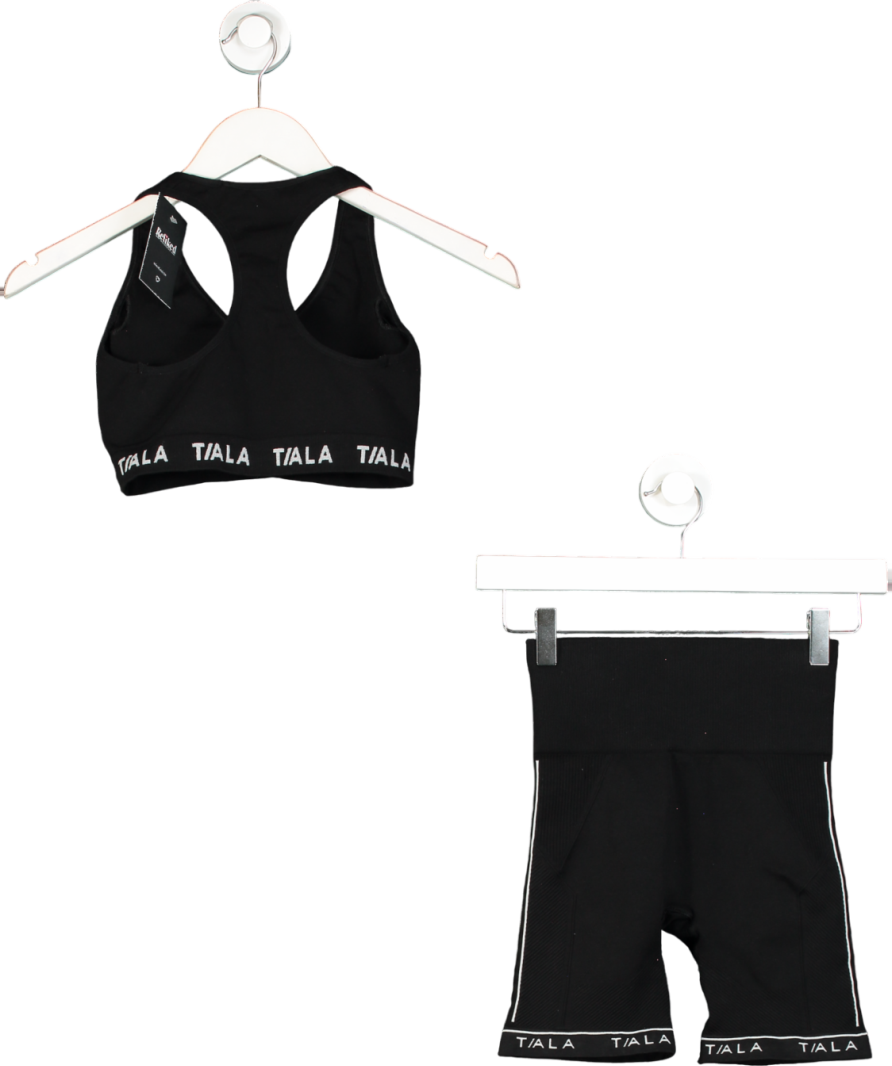 t/ala Black Exclusive Logo Print Sports Bra And Short Set UK XS