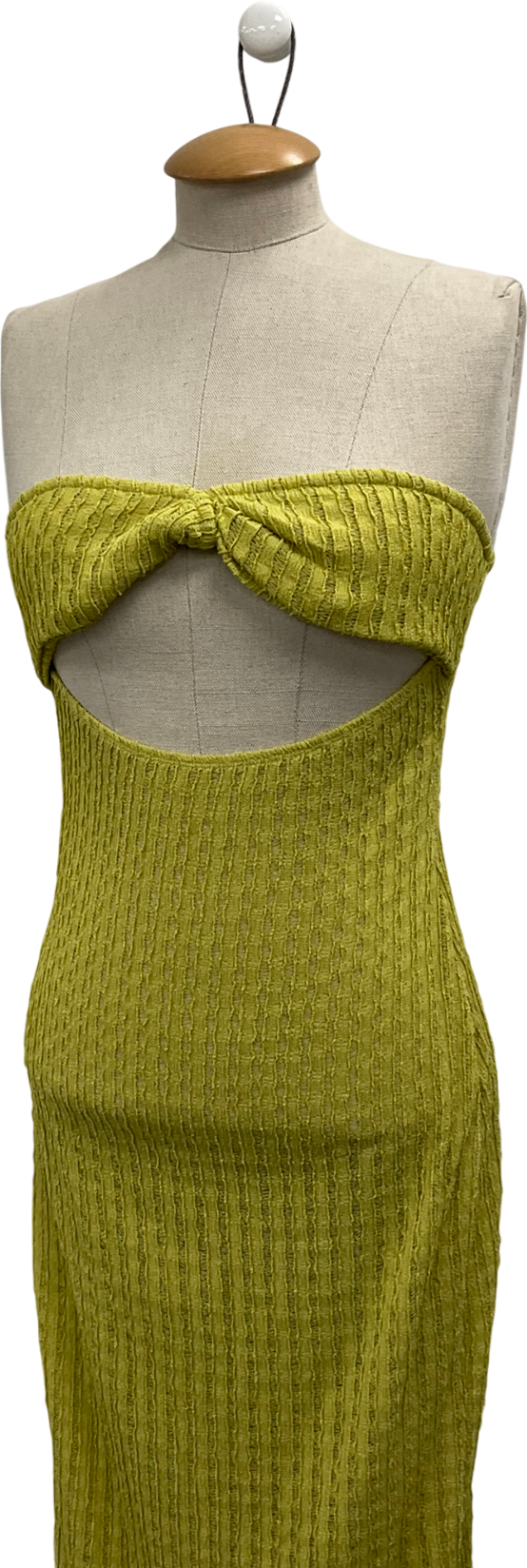 PrettyLittleThing Green Shape Olive Textured Sheer Twist Bandeau Maxi Dress UK 10