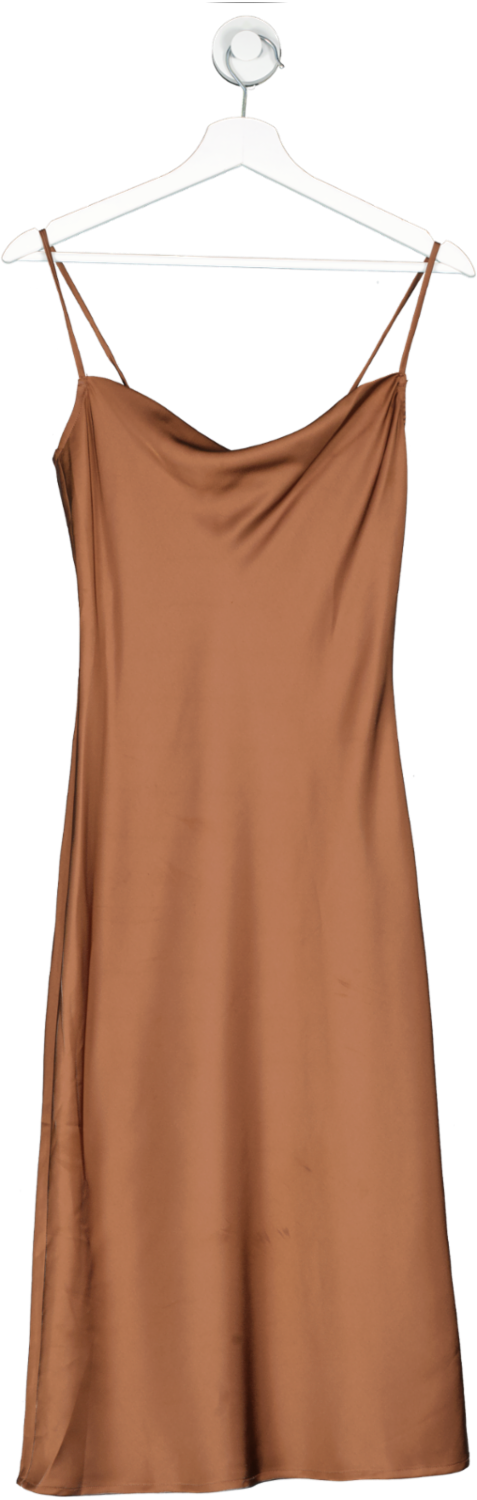 Simple Retro Brown Margaux French Satin Slip Dress With Neck Scarf UK S