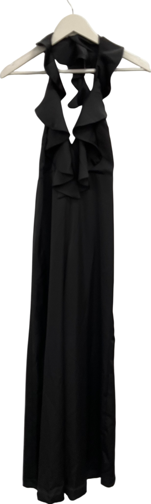 Misspap Black Premium Satin Frill Dress UK 8