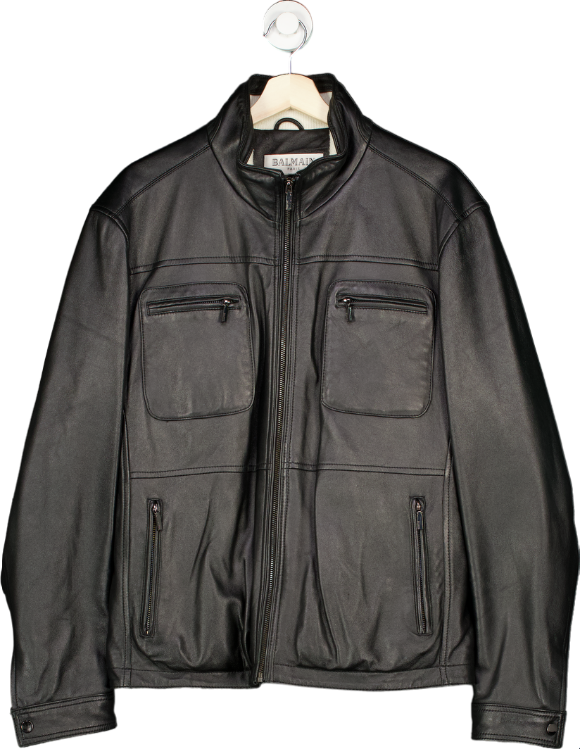 Balmain Black Nappa Leather Jacket Size 52 UK XL