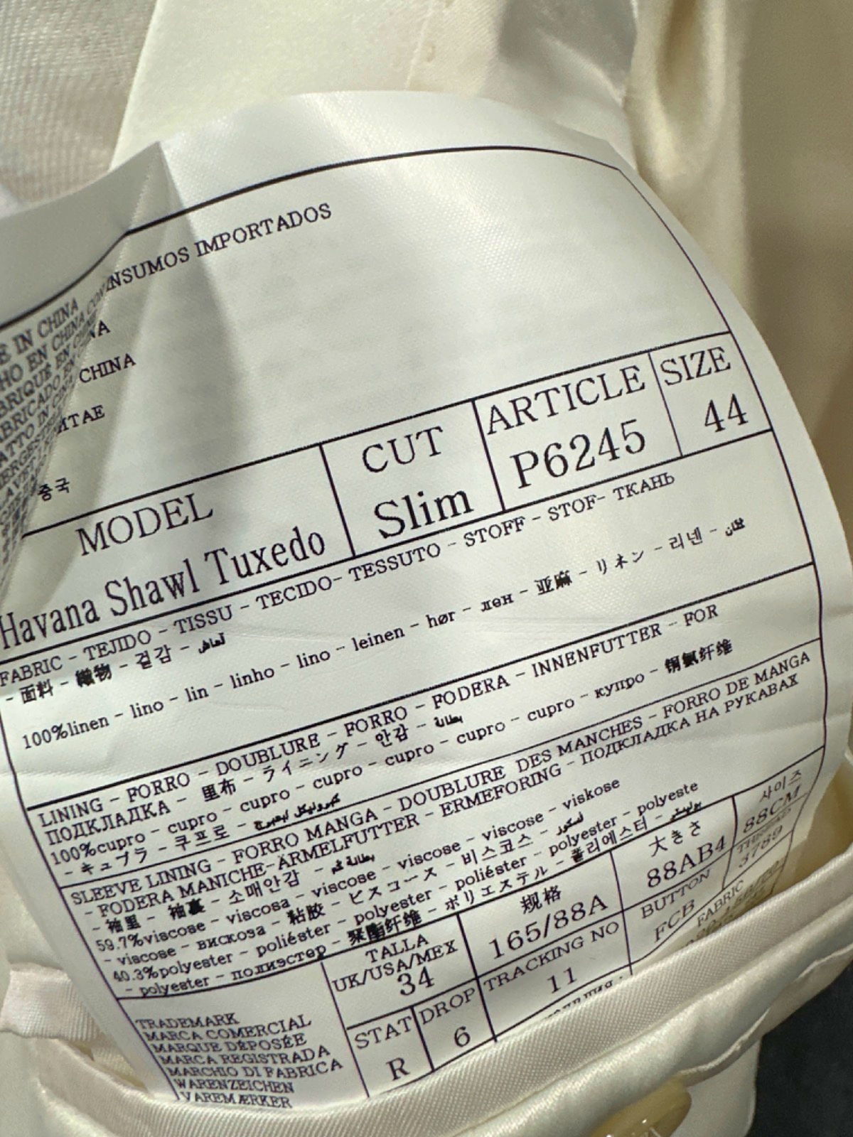 Suitsupply Off White Havana Shawl 2-piece Pure Linen Tuxedo Suit / Dinner Suit EU 44/UK 34"