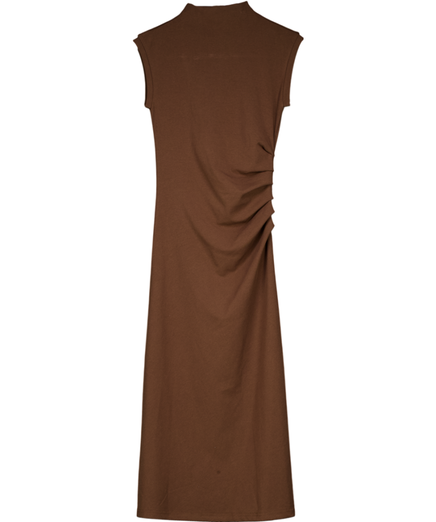 OGL Brown Thermal Cotton Blend Mockneck Tucks Midi Dress UK XS