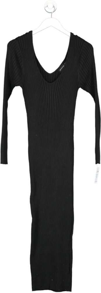 PrettyLittleThing Black Deep V Ribbed Maxi Dress UK 24
