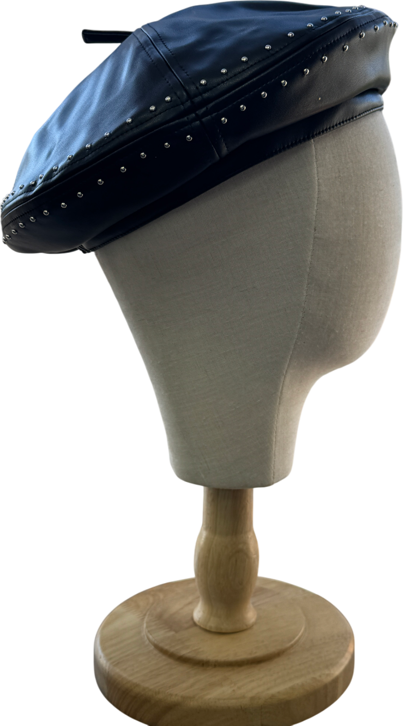 River Island Black Faux Leather Stud Beret One Size