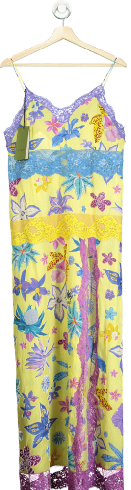 Gucci Yellow Floral Lace Trim Maxi Dress UK 8
