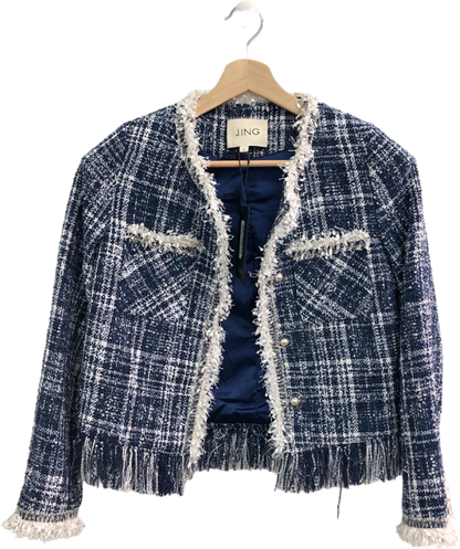 J. ING Blue and White Plaid Tweed Jacket with Fringe Trim UK S