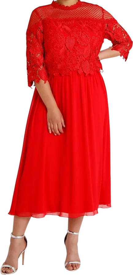 LITTLE MISTRESS Lace Top Midi Skater Dress In Red UK 24