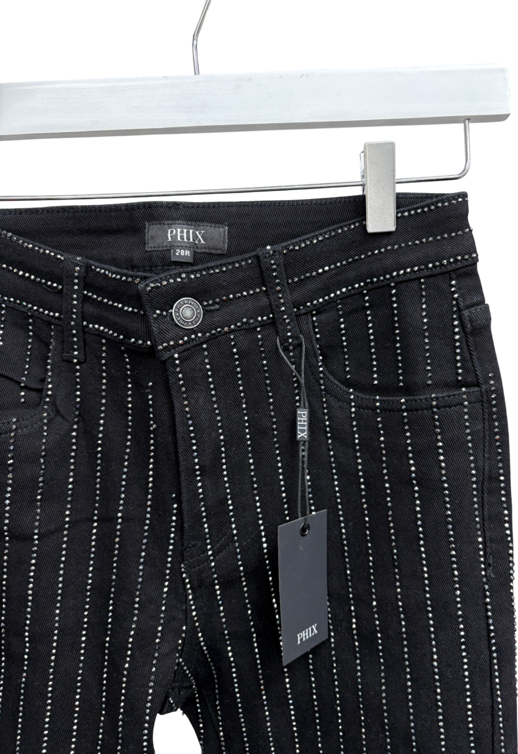 Phix Black Diamante Pin Stripe Denim Flare Jeans W28