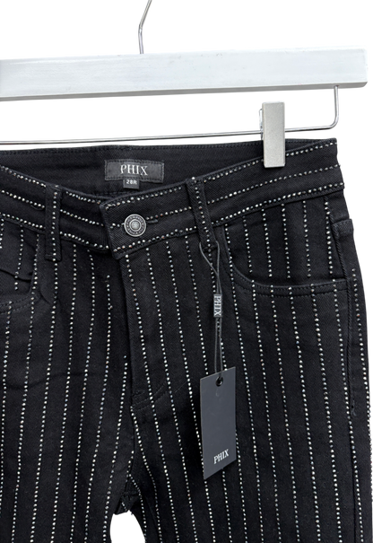 Phix Black Diamante Pin Stripe Denim Flare Jeans W28