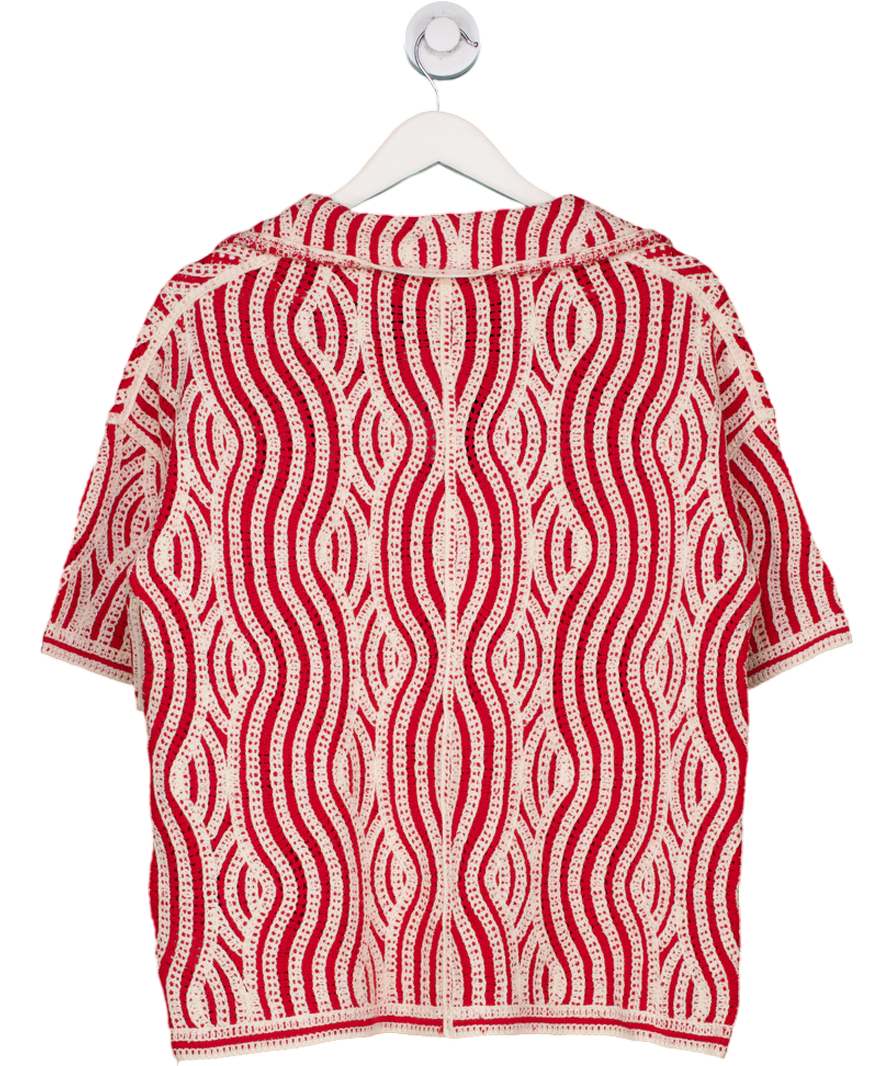 Next Red Ecru Wave Crochet Collared Short Sleeve Shirt UK S