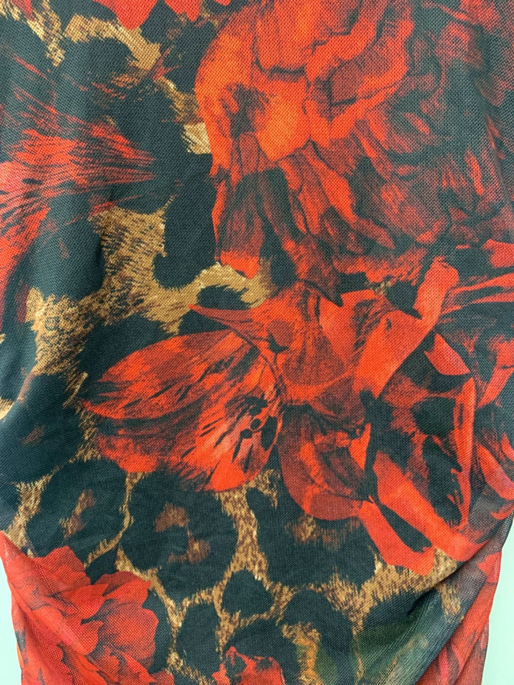 Boohoo Red Mixed Leopard Ruched Mesh Maxi Dress UK 8